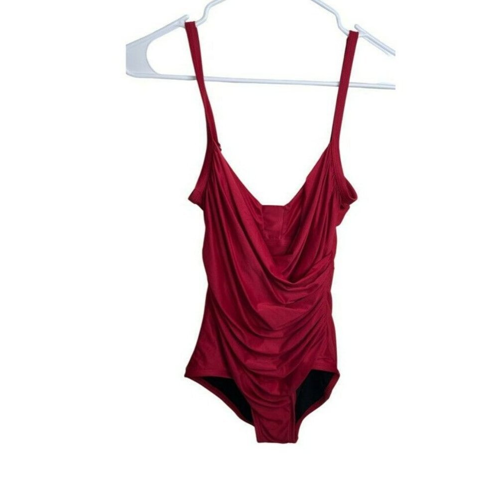 Jantzen Women's Red Ruched One-piece Swimsuit Side, Size 10 Slimming Hi Cut